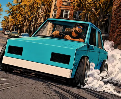 A boxy teal car drifts down a Plateau street in comic-book style, tires smoking