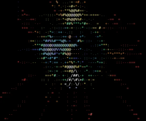 Stars stream past in coloured ascii characters, a small ship among them