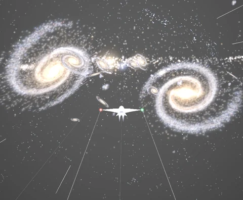 A small ship drops out of light speed between two spiral galaxies