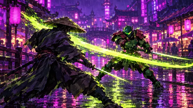 A ronin and an armored rival cross swords on a neon canal bridge in the rain