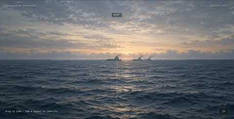 Silent Depth periscope looking across moving Pacific waves at a convoy